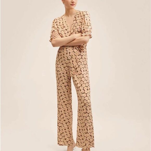 Mango Daisy Printed Puff Sleeve Jumpsuit size Small - Picture 1 of 8